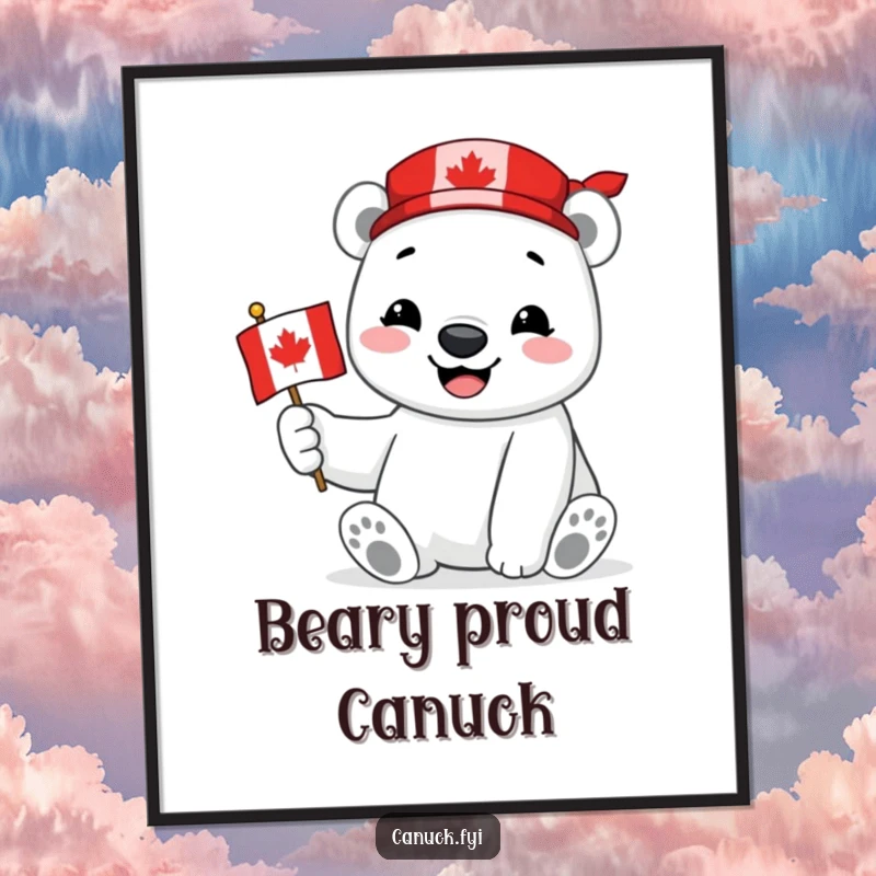 Funny Free Printable Wall Art showing a polar bear proudly holding a miniature Canadian flag and smiling, radiating warmth and pride.