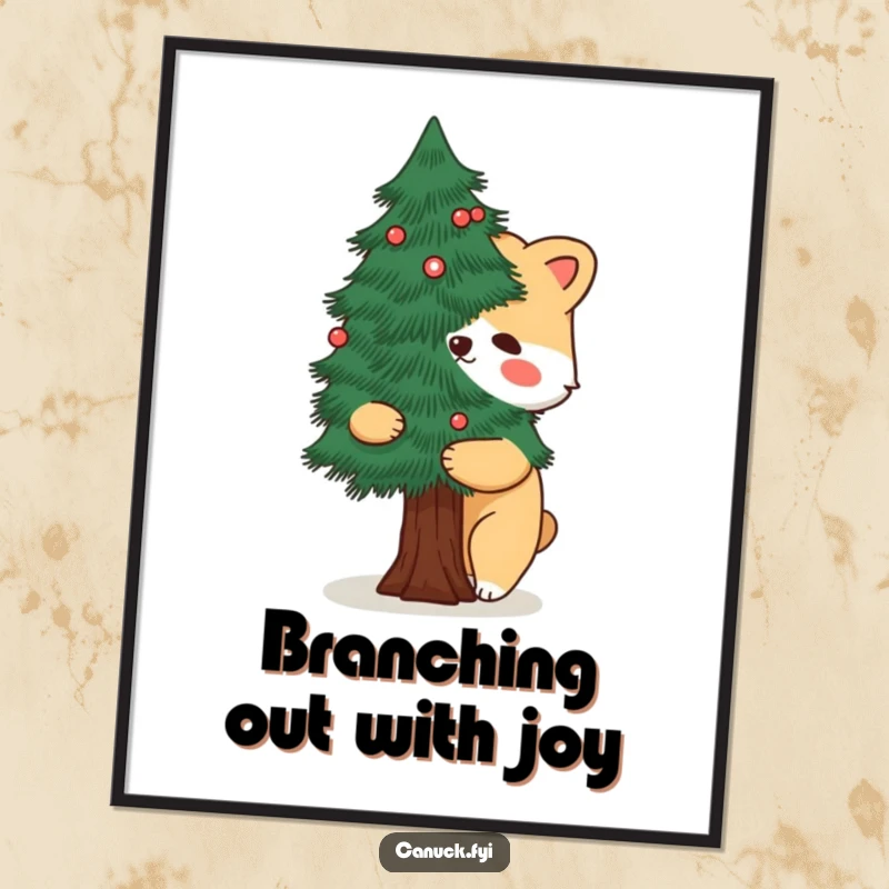 Funny Free Printable Wall Art of a cartoon animal in a loving embrace with a stylized pine tree, evoking peace.