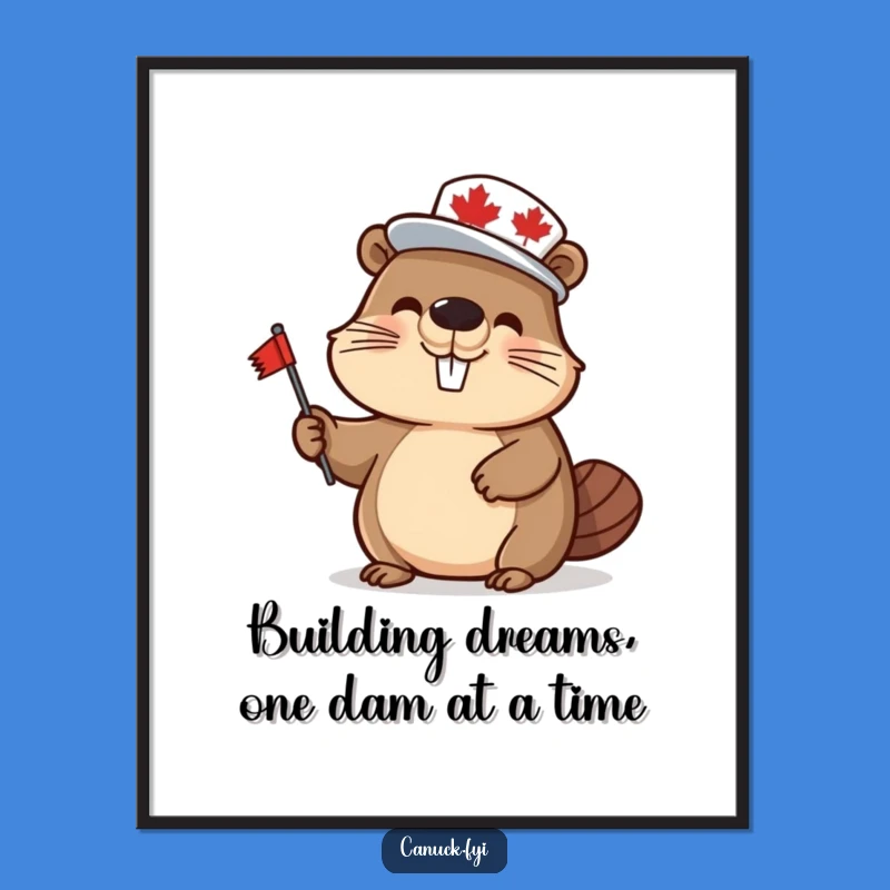 Free Printable Wall Art: Happy Beaver with Maple Leaf Hat, Downloadable Decor