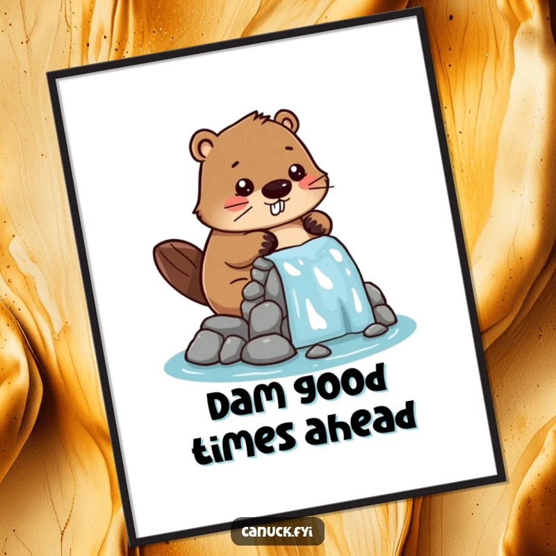 Funny Free Printable Wall Art: a stylized beaver intently building a miniature dam, radiating cheerful industriousness. Downloadable decor.
