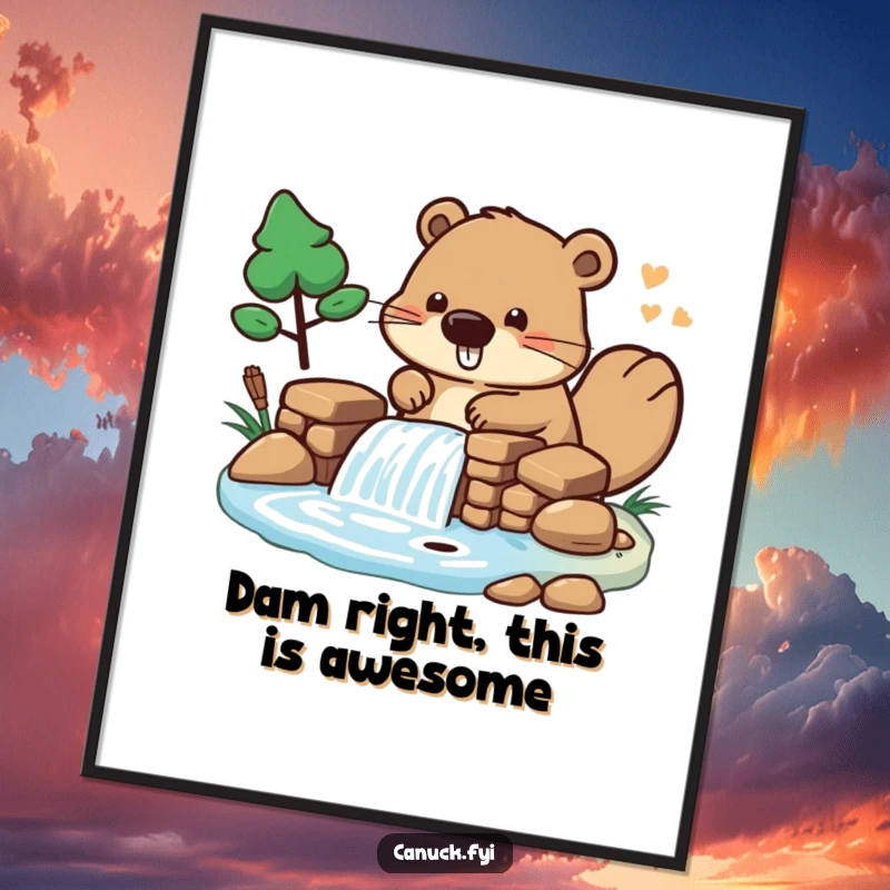 Funny free printable wall art of a stylized beaver character playfully building a miniature dam, perfect for adding a whimsical, industrious touch.
