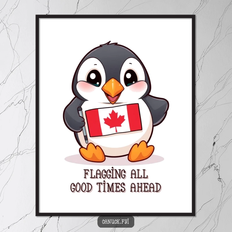 Funny Free Printable Wall Art: A playful puffin with bright eyes holding a tiny Canadian flag, bringing Canadian charm home.