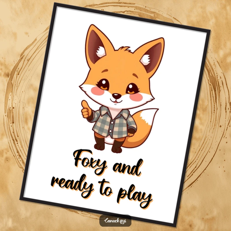 Funny Free Printable wall art of a charming fox in a plaid shirt, giving a friendly and welcoming nod.