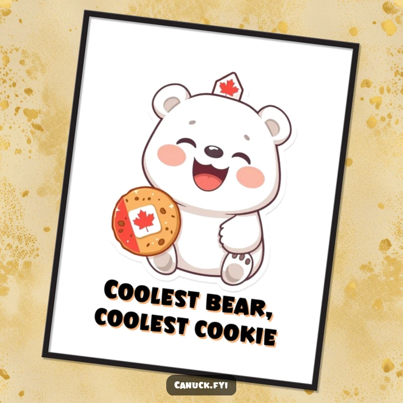 Funny Free Printable Wall Art: A polar bear with a big laugh holds out a delicious Canadian cookie invitingly.
