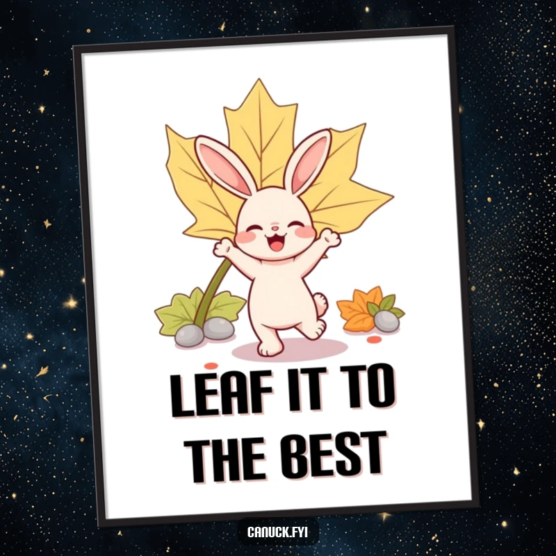 Funny free printable wall art of a bouncy rabbit joyfully performing a little dance near an iconic, oversized maple leaf.