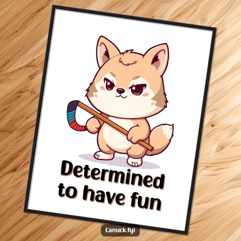 Funny Free Printable wall art of a determined animal with a tiny hockey stick, ready to hit the ice with style.