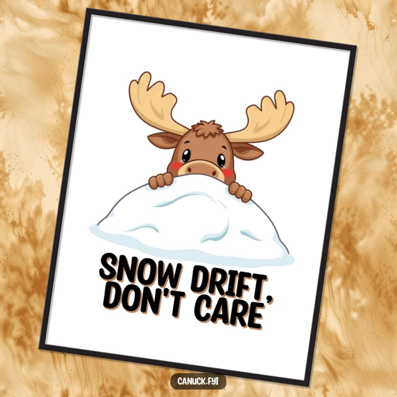 Funny Free Printable Wall Art: Curious moose with large antlers peeking over a snowdrift, adding humor to any room.