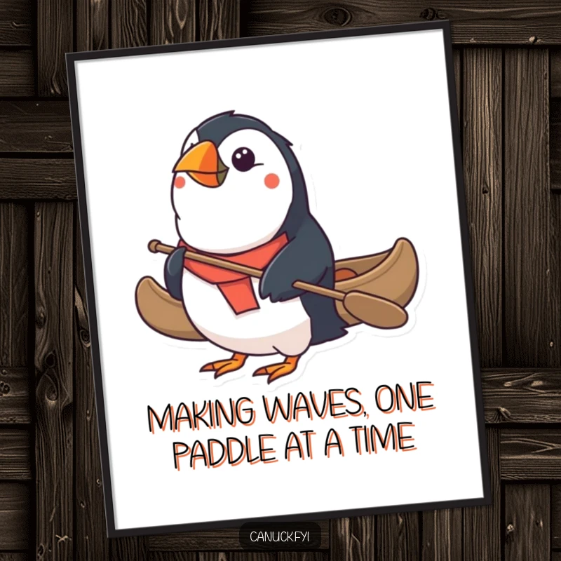 Funny Free Printable Wall Art: Determined puffin expertly steers a tiny canoe, embarking on a grand expedition, quirky home decor.