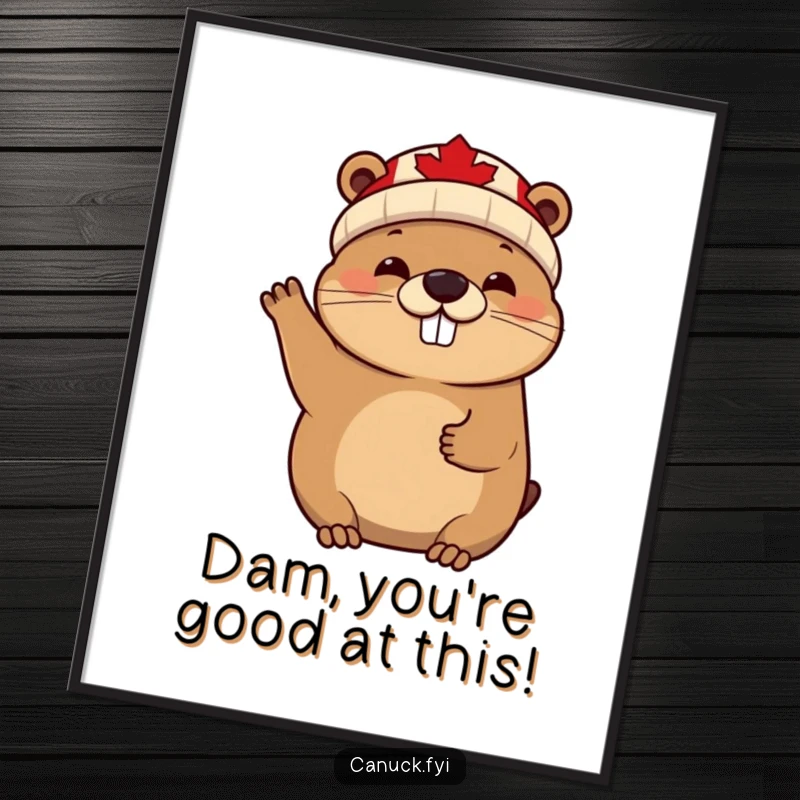 Funny Free Printable Wall Art: Cheerful beaver wearing maple leaf beanie waves enthusiastically, adding charm to decor.