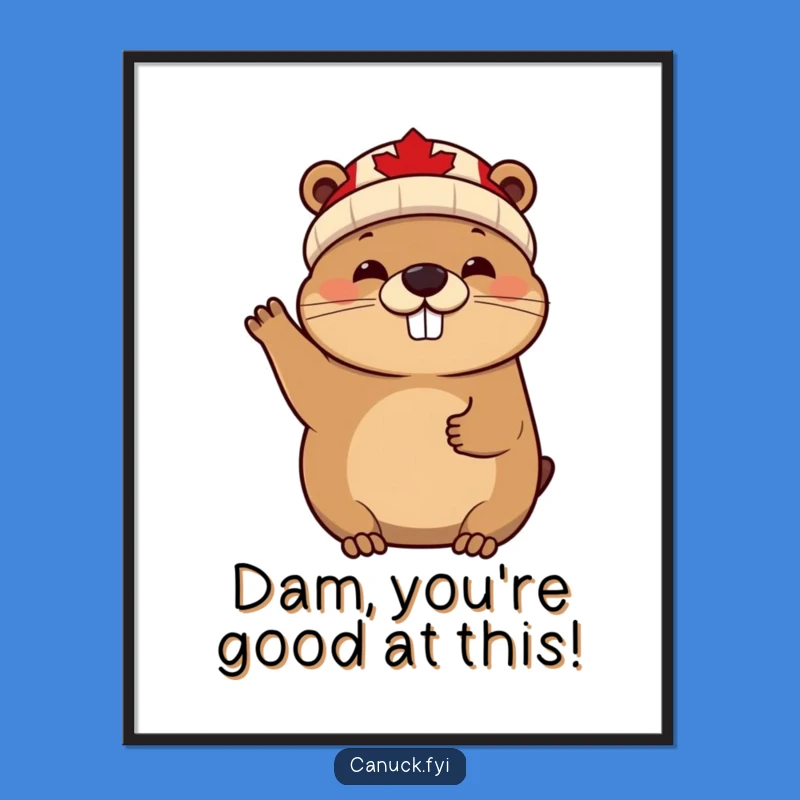 Free Printable Wall Art: Cheerful Beaver Waving Maple Leaf Beanie Decor