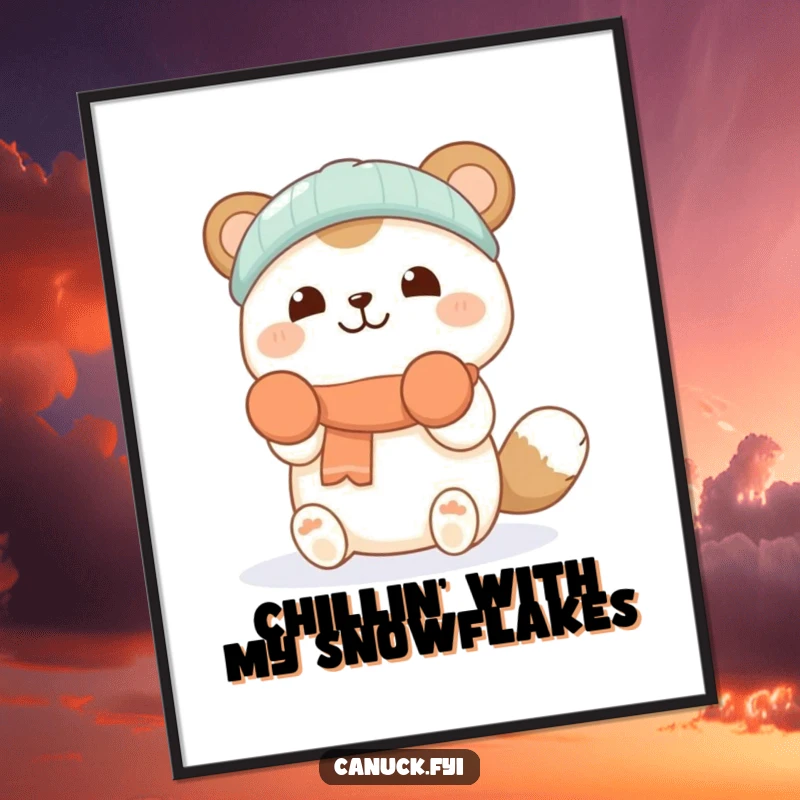 Funny Free Printable Wall Art: A cheerful animal in mittens delights in catching falling snowflakes, creating a cozy winter scene.