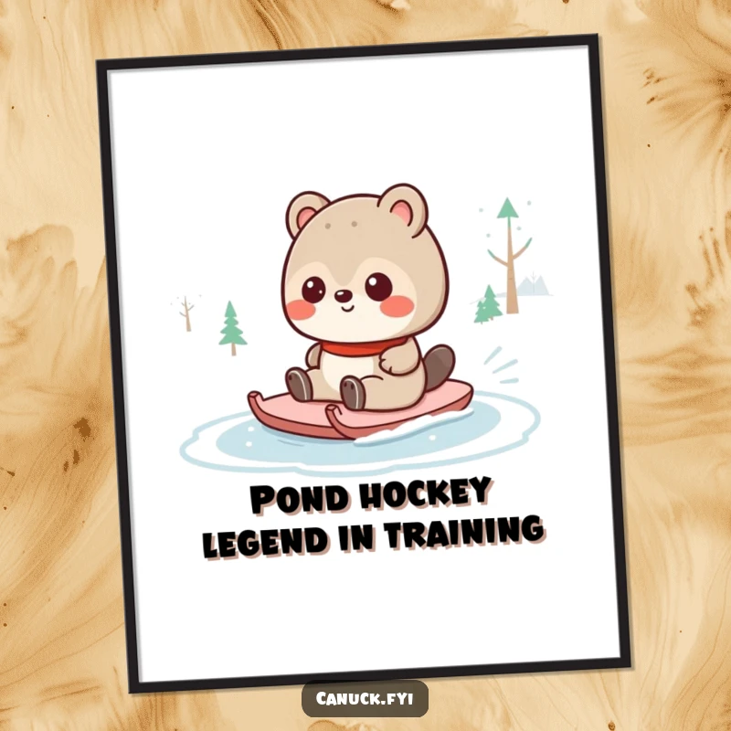 Funny Free Printable Wall Art: A joyful Canadian beaver mid-slide on a frozen pond, embodying pure winter fun and silliness.