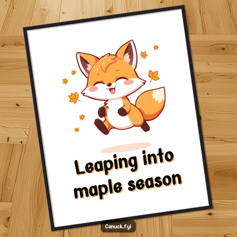 Funny Free Printable Wall Art depicting a playful fox adorned with maple leaves, captured mid-leap in a moment of pure joy.