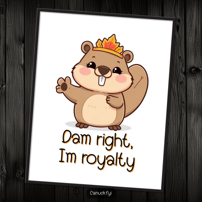 Funny Free Printable Wall Art depicting a cute beaver wearing a tiny maple leaf crown and waving enthusiastically, full of Canadian pride.