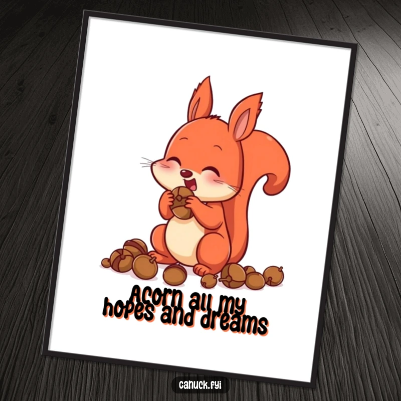 Funny Free Printable Wall Art: An excited red squirrel gleefully stuffs its cheeks to the brim with acorns, ready for storage.
