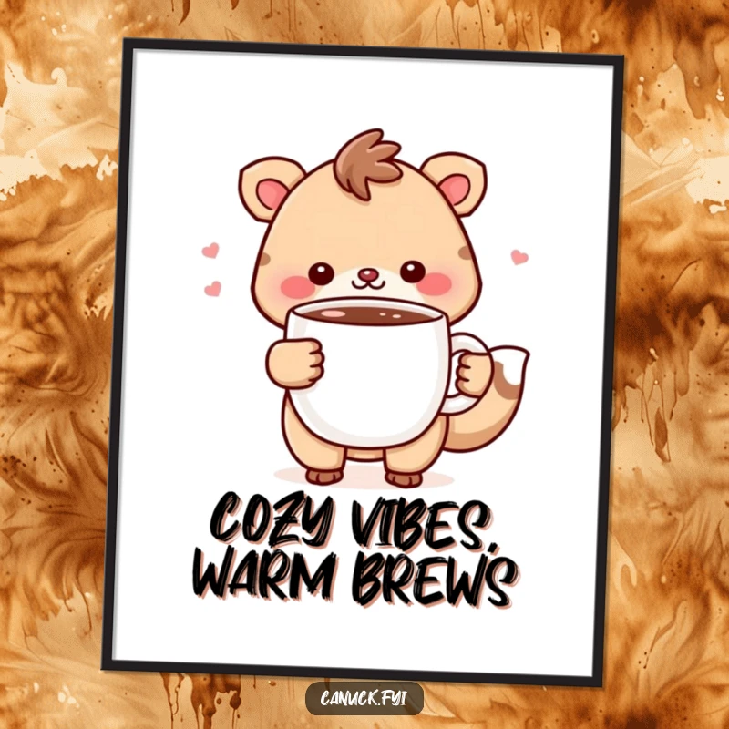 Funny Free Printable Wall Art: Cheerful animal holding a steaming mug of hot chocolate, hilarious downloadable decor.