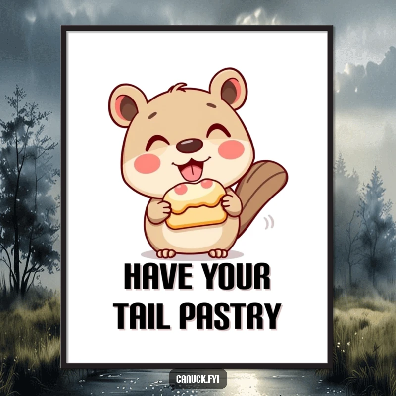 Funny Free Printable Wall Art: A grinning animal character politely offers a delectable beaver tail pastry.