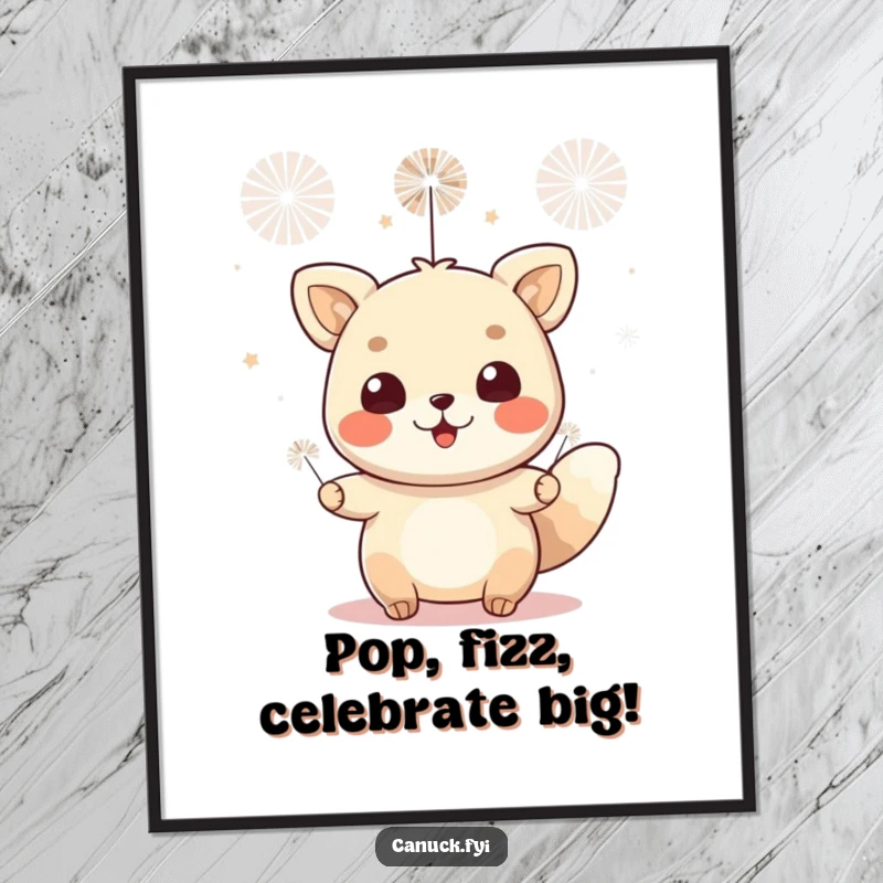 Funny Free Printable Wall Art: A cheerful animal surrounded by tiny, colorful fireworks, creating a festive and energetic visual.