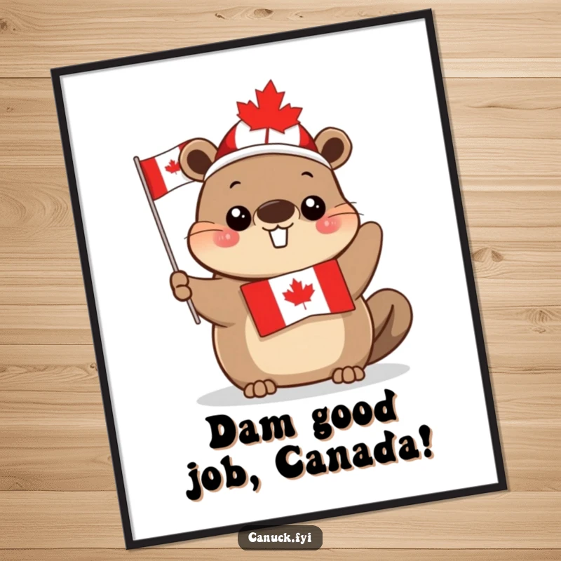 Funny Free Printable Wall Art: Cute beaver wearing maple leaf hat waves Canadian flag, celebrating Canada.