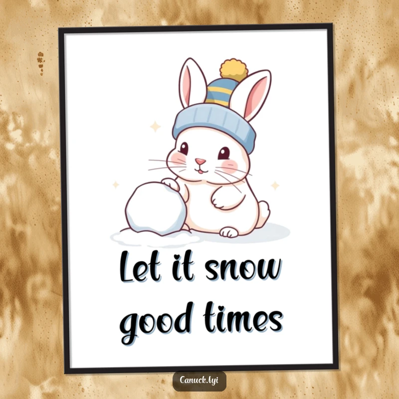 Funny Free Printable Wall Art: Curious rabbit in toque playfully nudging a snowball, wintery mischief, downloadable decor.