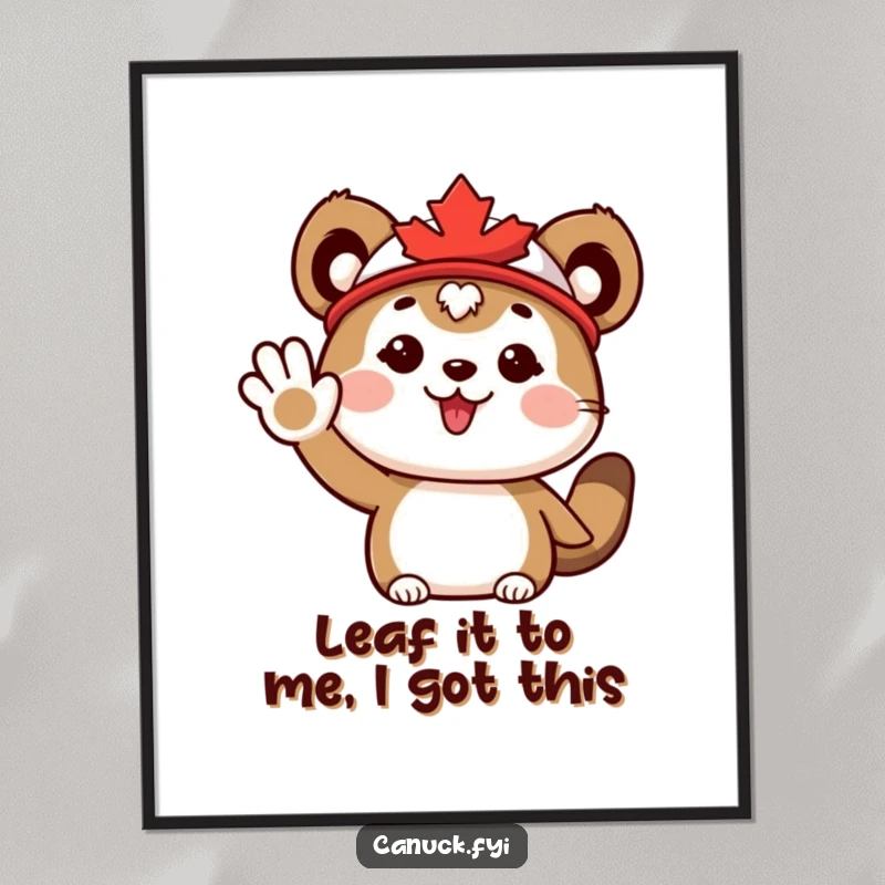 Funny Free Printable Wall Art: Cute animal donned in a maple leaf hat waves enthusiastically, bringing cheerful, whimsical art to your space. Downloadable.