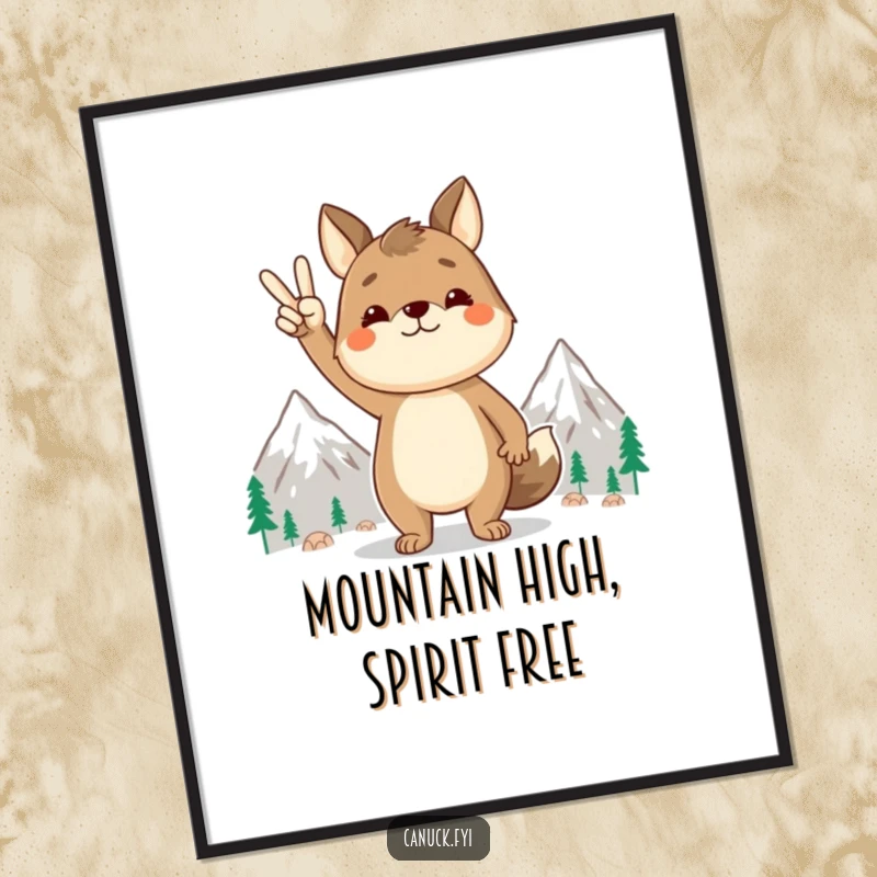 Funny Free Printable Wall Art: Proud animal character gives a peace sign gesture beside stylized mountains.