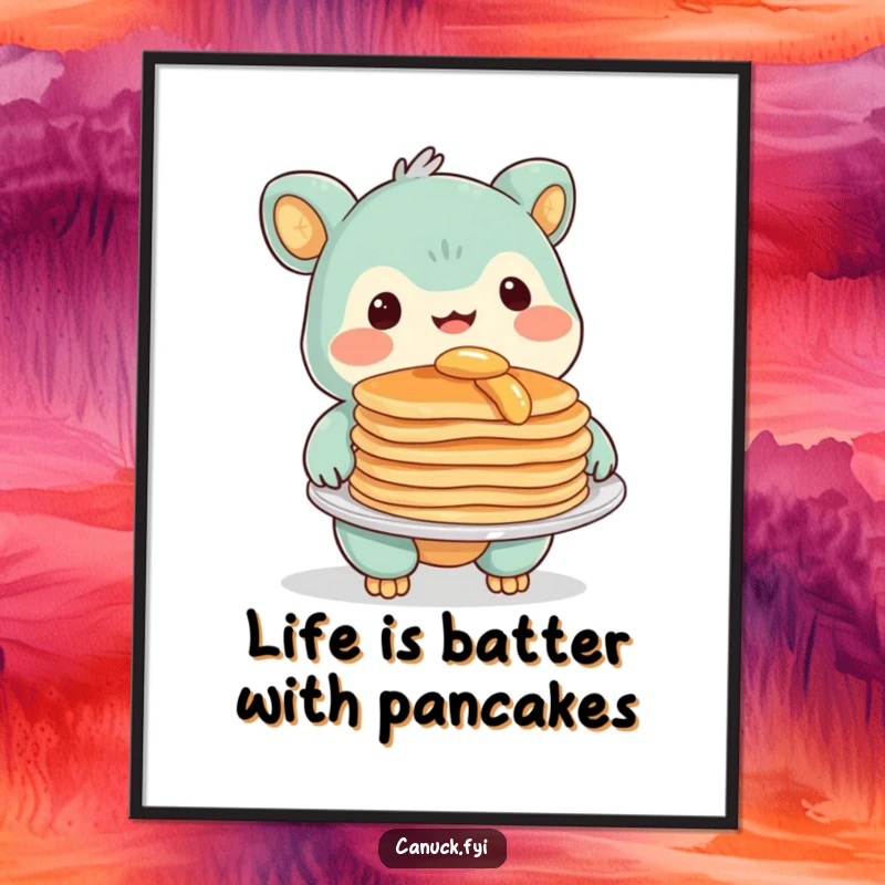 Funny free printable wall art of a creature with a warm smile happily offering a delicious plate of pancakes, bringing joy to your decor.