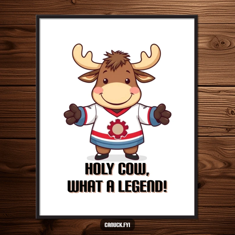 Funny Free Printable Wall Art: A moose with a big grin trying on a hockey jersey, perfect for sports fans.