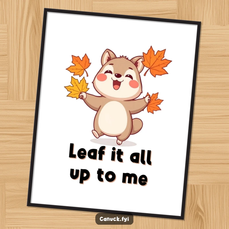 Funny Free Printable Wall Art: a joyful animal skillfully juggling vibrant maple leaves, bringing playful energy to any room. Downloadable decor.