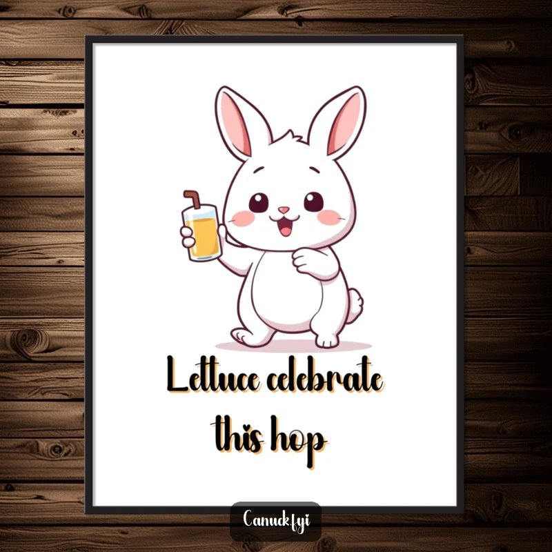 Funny Free Printable Wall Art: Bouncing rabbit with big ears holding a pint cup, a humorous addition to any space.