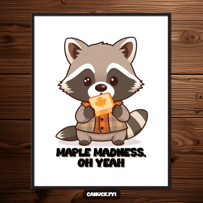 Funny Free Printable Wall Art: A cute raccoon in a small lumberjack shirt offers a piece of maple candy, rustic downloadable art.