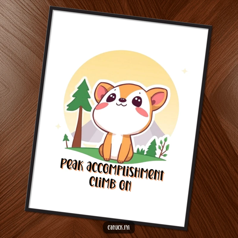 Funny Free Printable Wall Art: Curious animal character looking up at a stylized mountain, evoking adventure and curiosity.