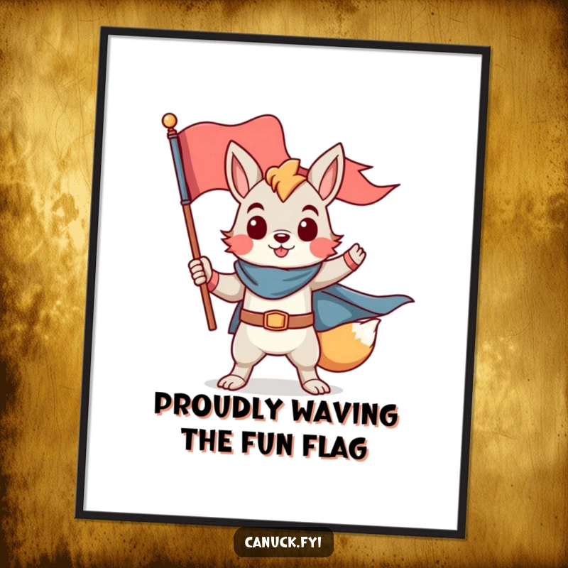 Funny Free Printable wall art of a proud animal character striking a heroic pose with a flag, exuding strength and pride.