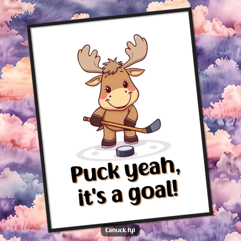 Funny Free Printable Wall Art: Smiling moose with a small hockey stick playfully taps a puck with enthusiasm.