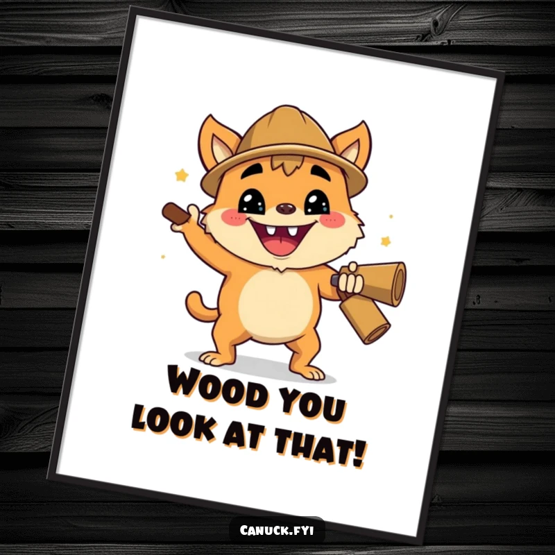 Funny Free Printable Wall Art: Creature with enthusiastic grin performing a cheerful lumberjack chop, exuding power and fun. Downloadable decor.