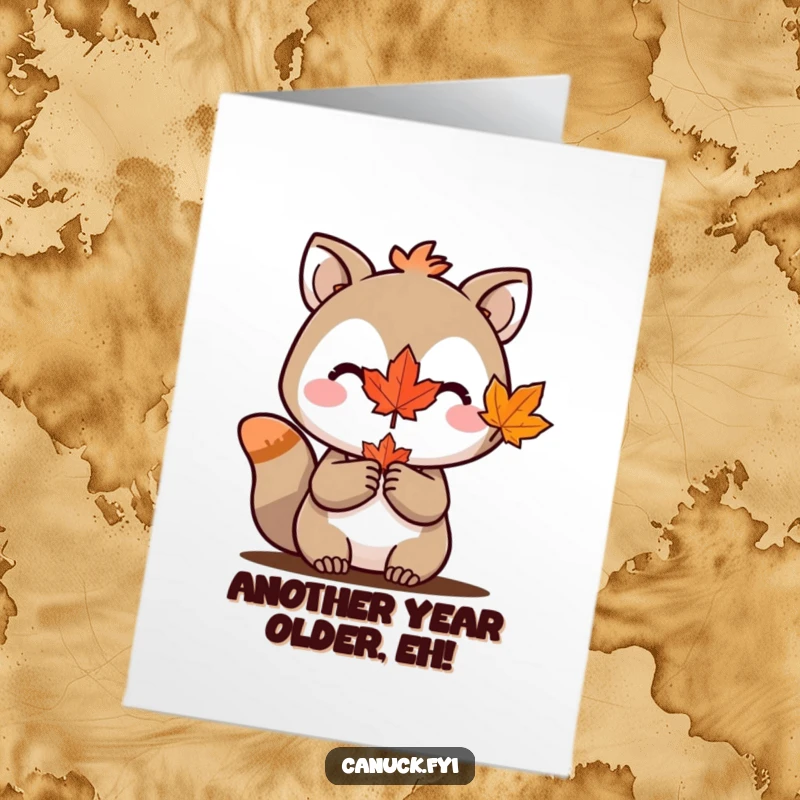 Funny Free Printable Birthday Card: Animal proudly holding a miniature maple leaf, celebrating a birthday with natural charm. Downloadable DIY gift.
