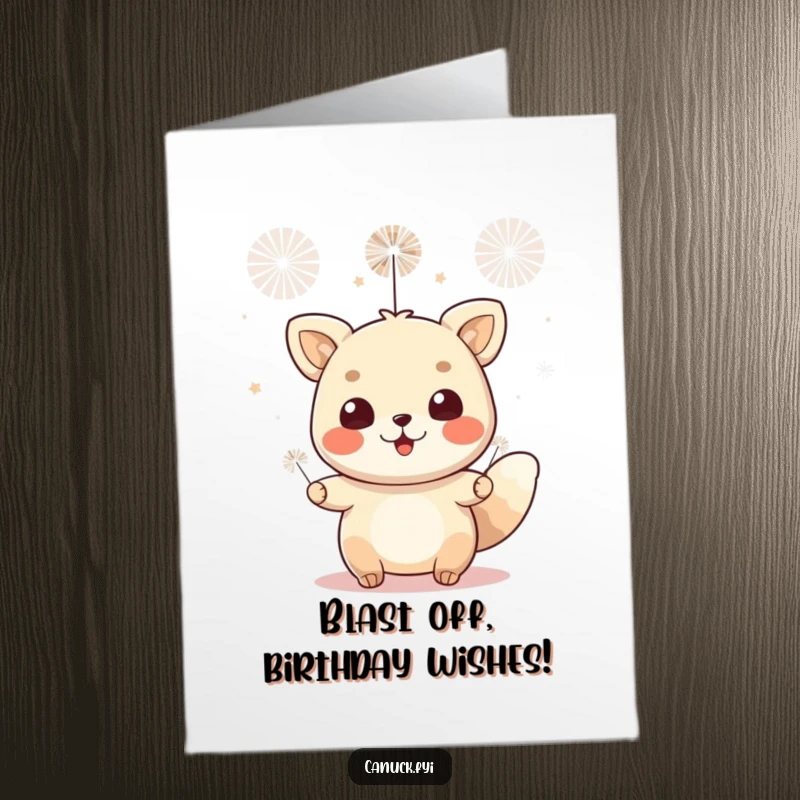 Funny Free Printable Birthday Card: Cheerful animal celebrating with tiny fireworks, creating a dazzling and joyous birthday moment.