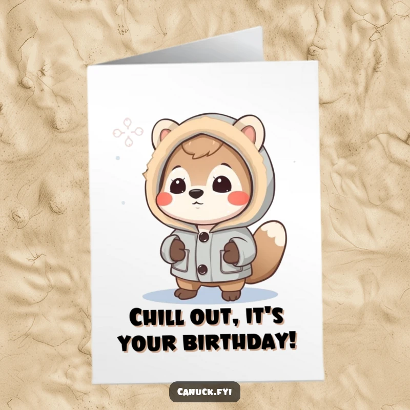 Funny Free Printable Birthday Card: Curious animal in parka admires a snowflake, a perfect downloadable gift.