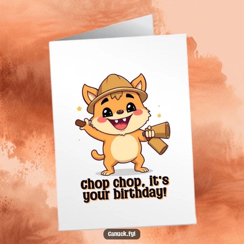 Funny Free Printable Birthday Card: Creature with enthusiastic grin doing a cheerful lumberjack chop, celebrating with gusto. Downloadable DIY gift.