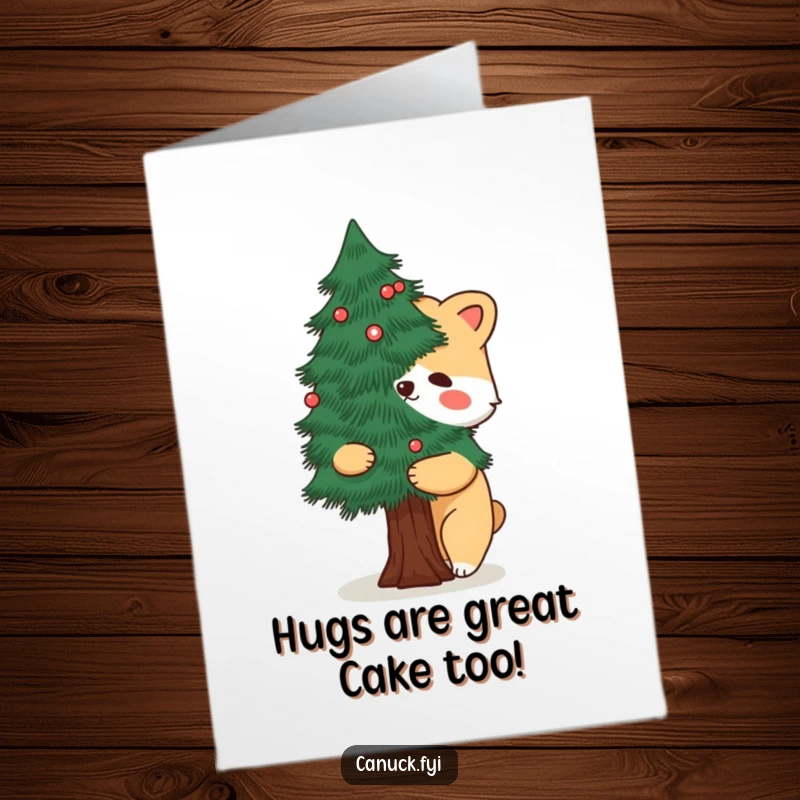 Funny Free Printable Birthday Card featuring a cartoon animal joyfully embracing a stylized pine tree, celebrating nature.