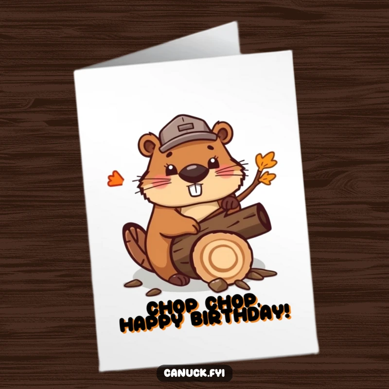 Funny Free Printable Birthday Card: Cute beaver wearing a small lumberjack hat, enthusiastically chopping a stylized maple log with gusto.