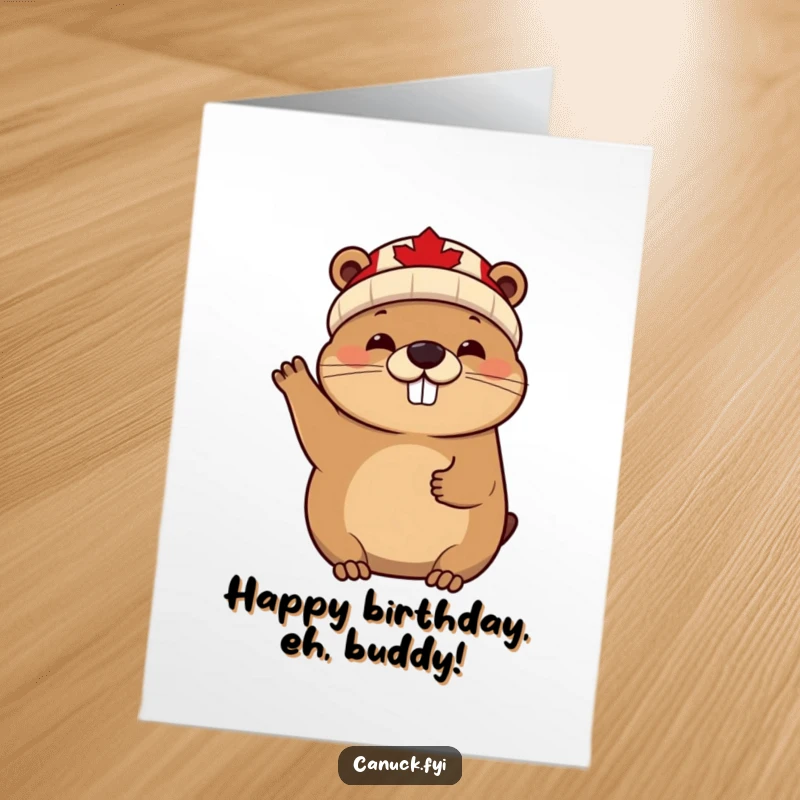 Funny Free Printable Birthday Card: Cheerful beaver in maple leaf beanie waves enthusiastically for a birthday.