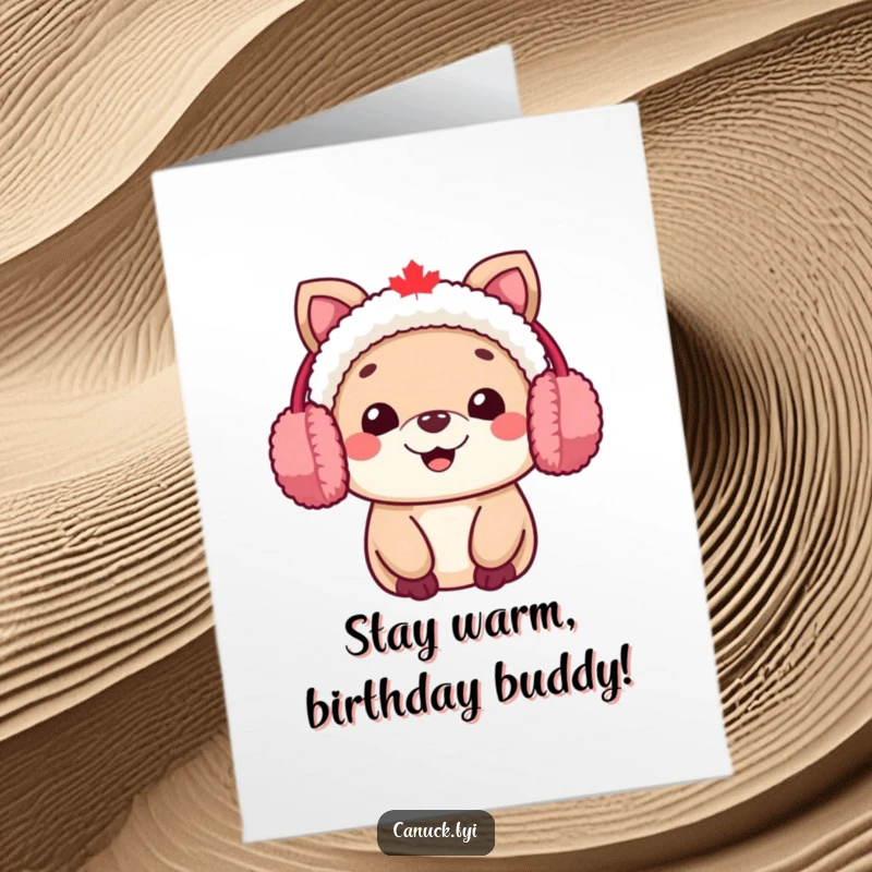 Funny free printable birthday card: A friendly Canadian animal character wearing large, fuzzy earmuffs and beaming with a warm smile.