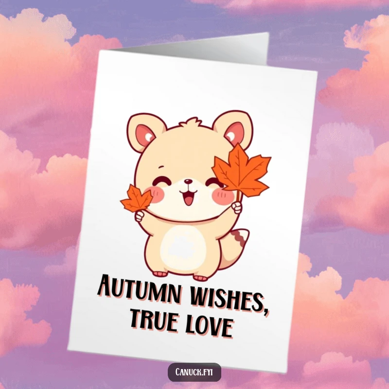 Funny Free Printable Happy Birthday card: Cute animal enthusiastically waving a maple leaf, radiating cheer.