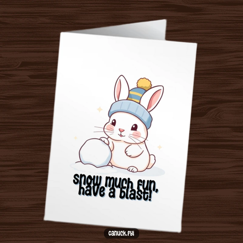 Funny Free Printable Birthday Card: Curious rabbit in toque nudging a snowball, ready for a birthday surprise, downloadable greeting.