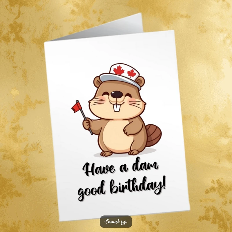 Funny Free Printable Birthday Card: Happy beaver character in maple leaf hat waving flag, cheerful downloadable gift.