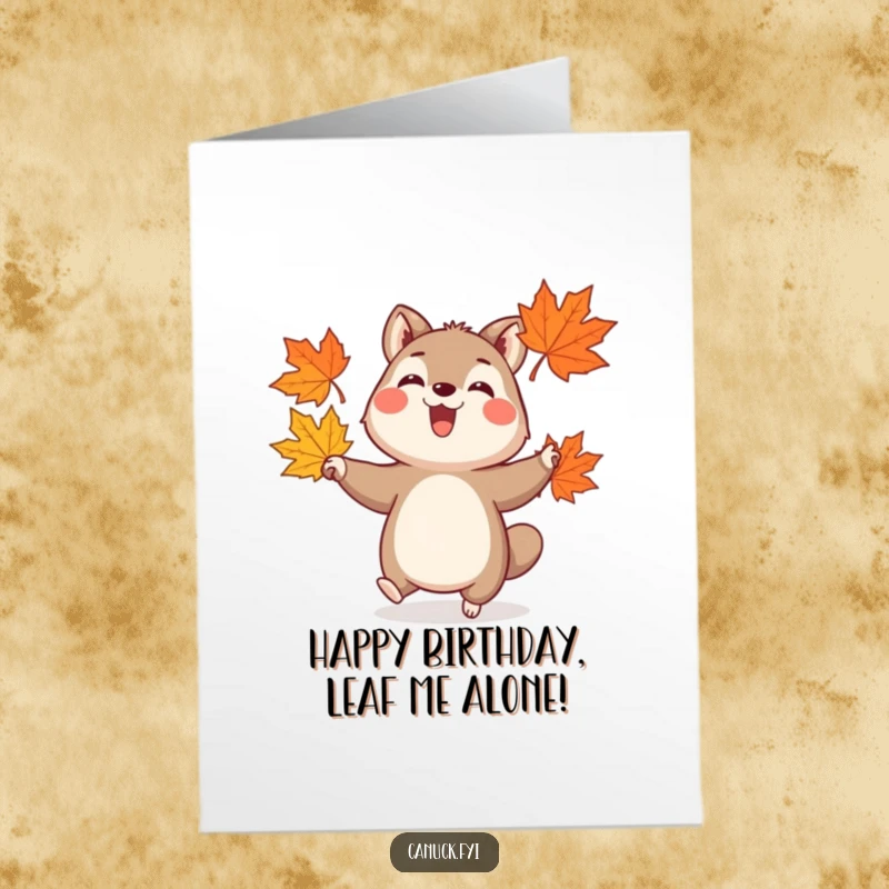 Funny Free Printable Birthday Card: a joyful animal happily juggling three stylized maple leaves with great skill. A downloadable gift.