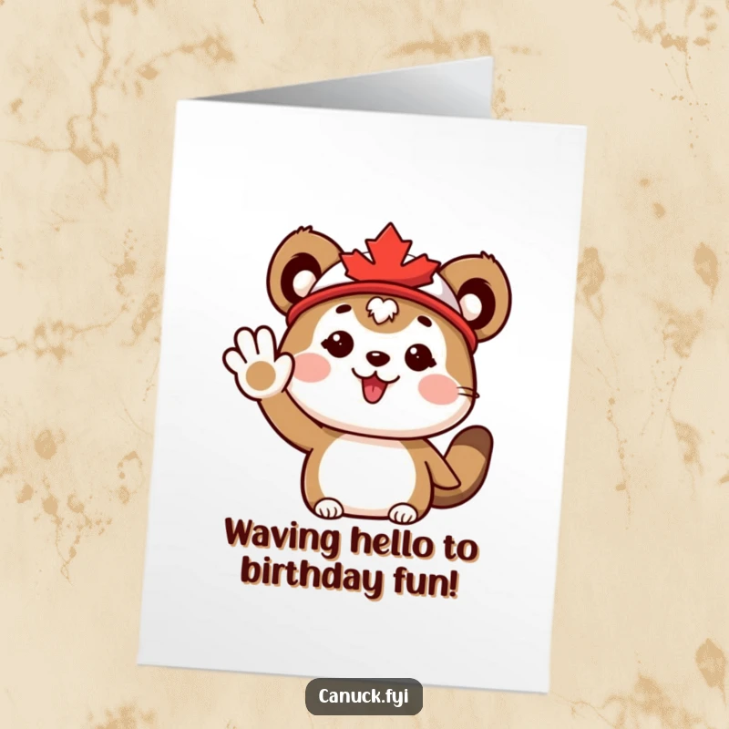 Funny Free Printable Birthday Card: Cute animal in a maple leaf hat waves enthusiastically, spreading joy. Great DIY gift.