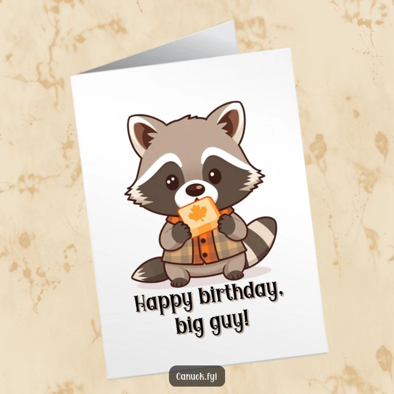 Funny Free Printable Birthday Card: Cute raccoon in lumberjack shirt offers maple candy, a sweet and humorous downloadable gift.