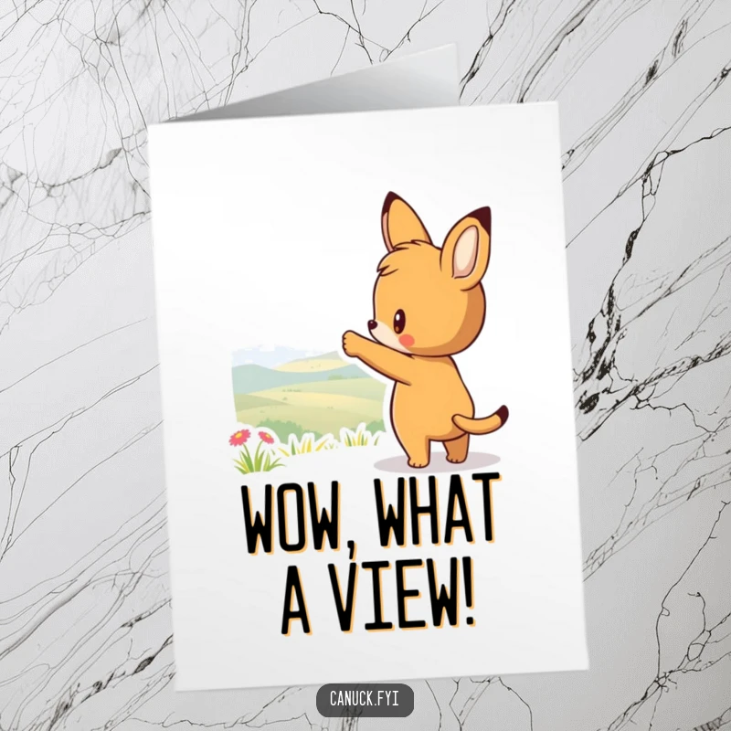 Funny Free Printable Birthday Card: Curious animal points towards a distant, scenic view, inviting wonder and exploration on their special day.